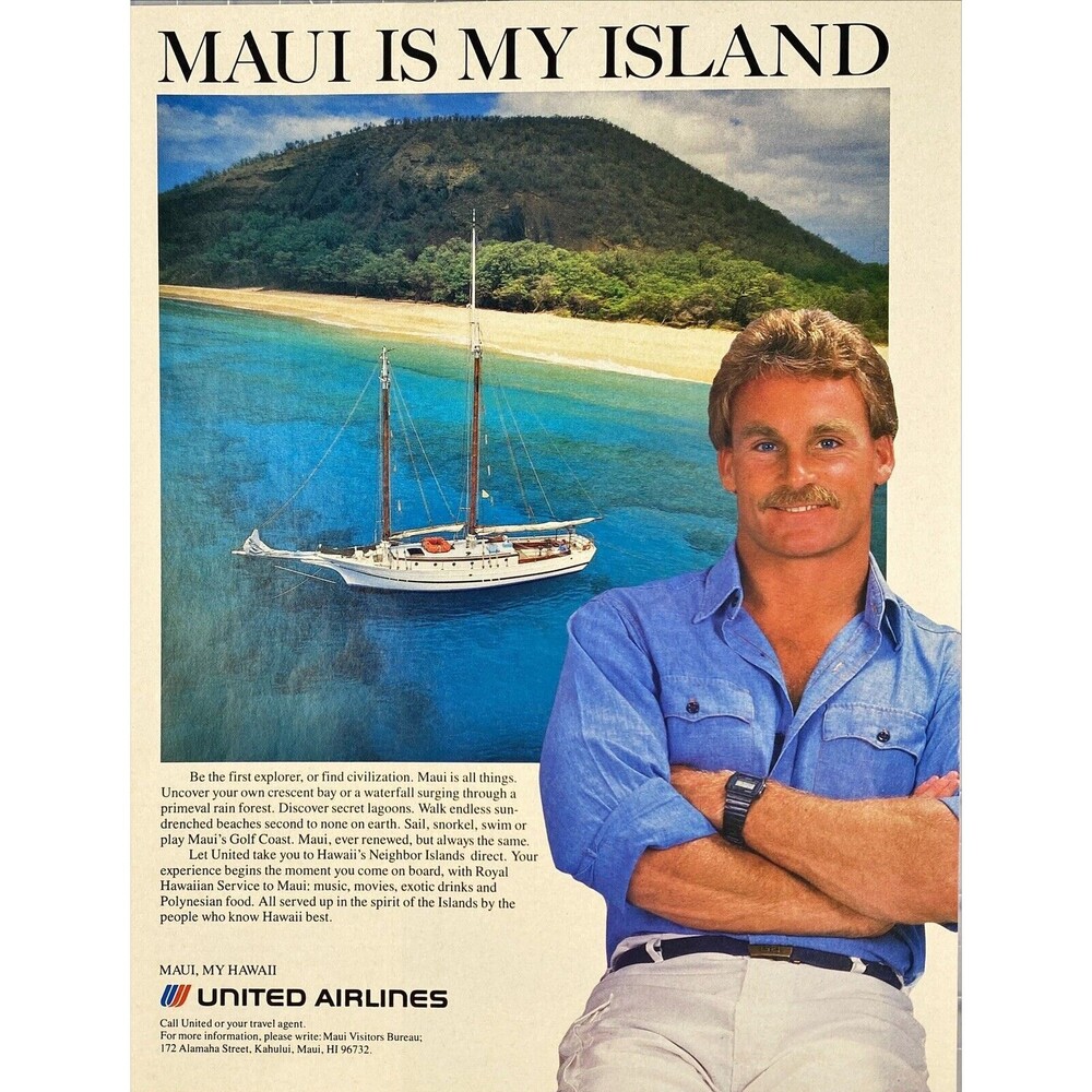 United Airlines "Maui is My Island" Scenes Sailboat Beach Vtg Print Ad 1986